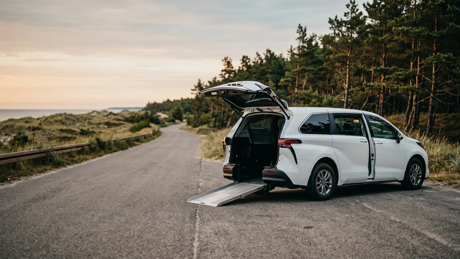 Biały pojazd z rozłożoną rampą do transportu osoby poruszającej się na wózku